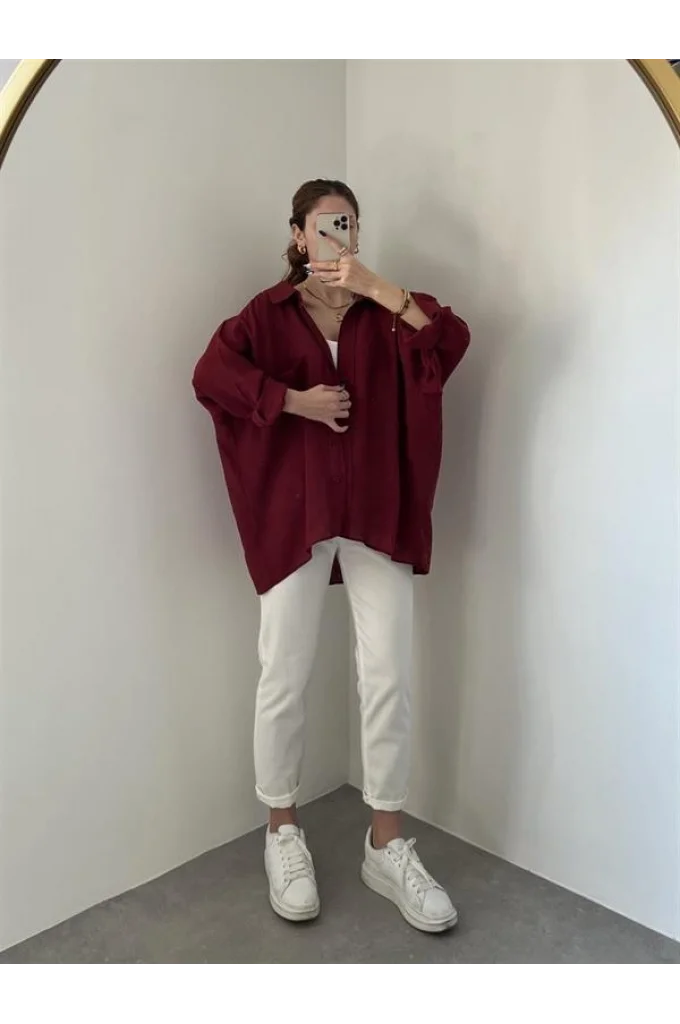 Bordo Oversize Tensel Gömlek