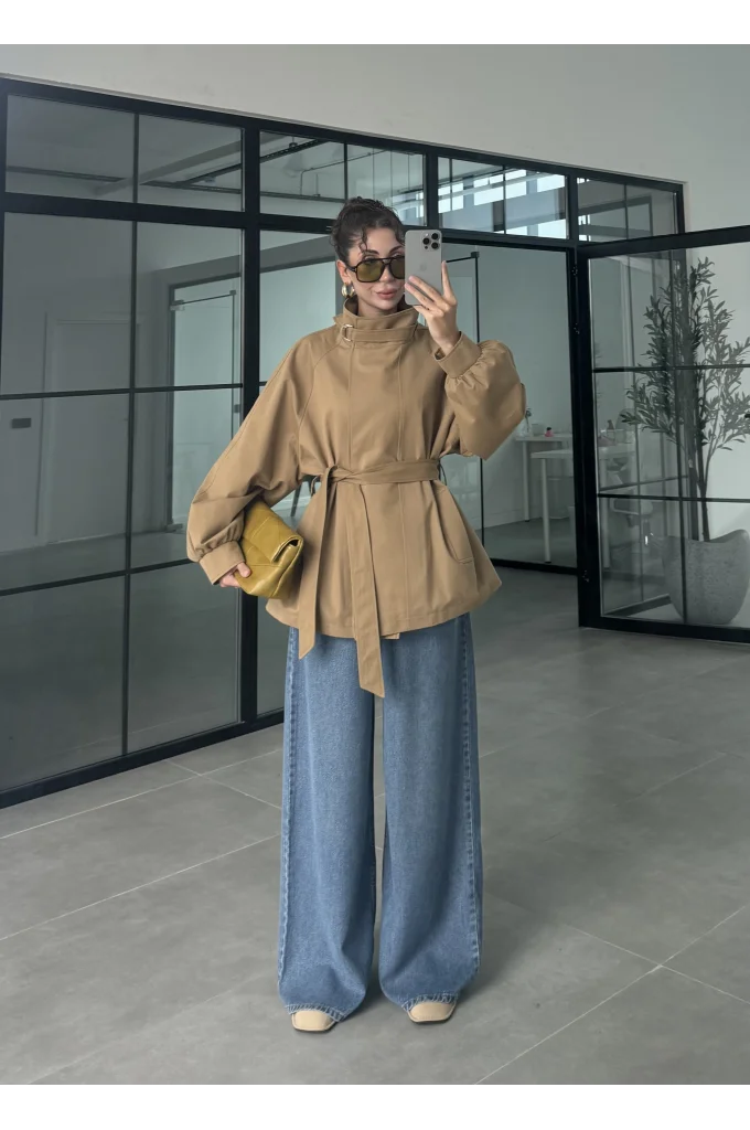 Boyun Kemerli Dik Yaka Camel Ceket