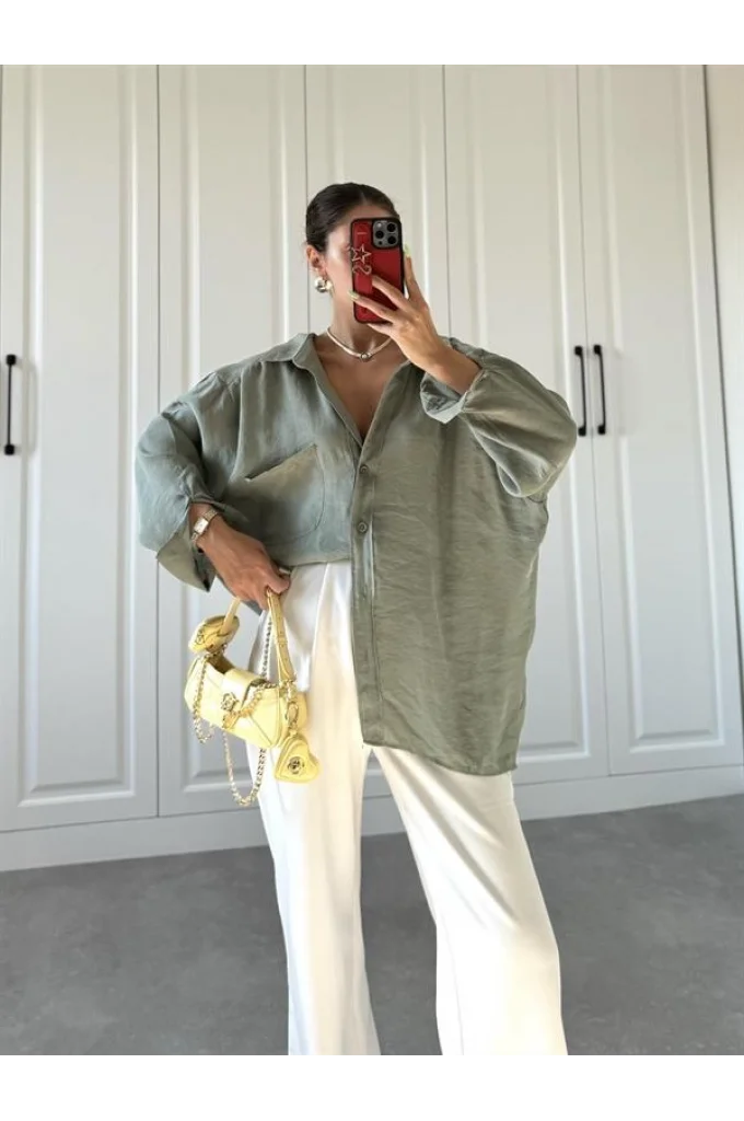 Çağla Yeşili Oversize Tensel Gömlek