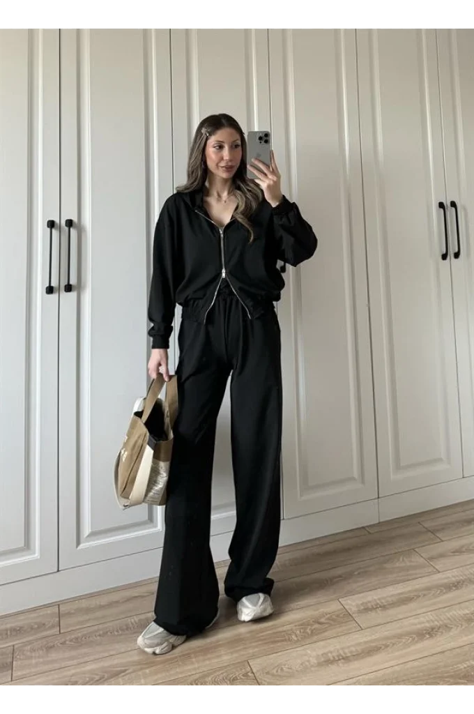 Çift Fermuarlı Siyah Spor Model Takım