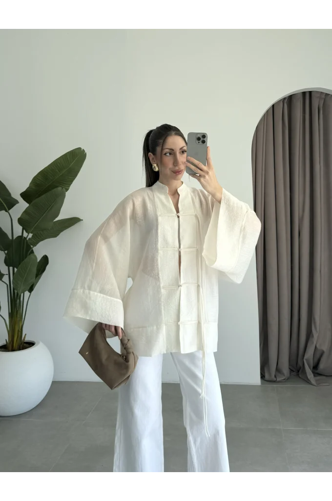 Çin Düğmeli Ekru Gömlek Kimono