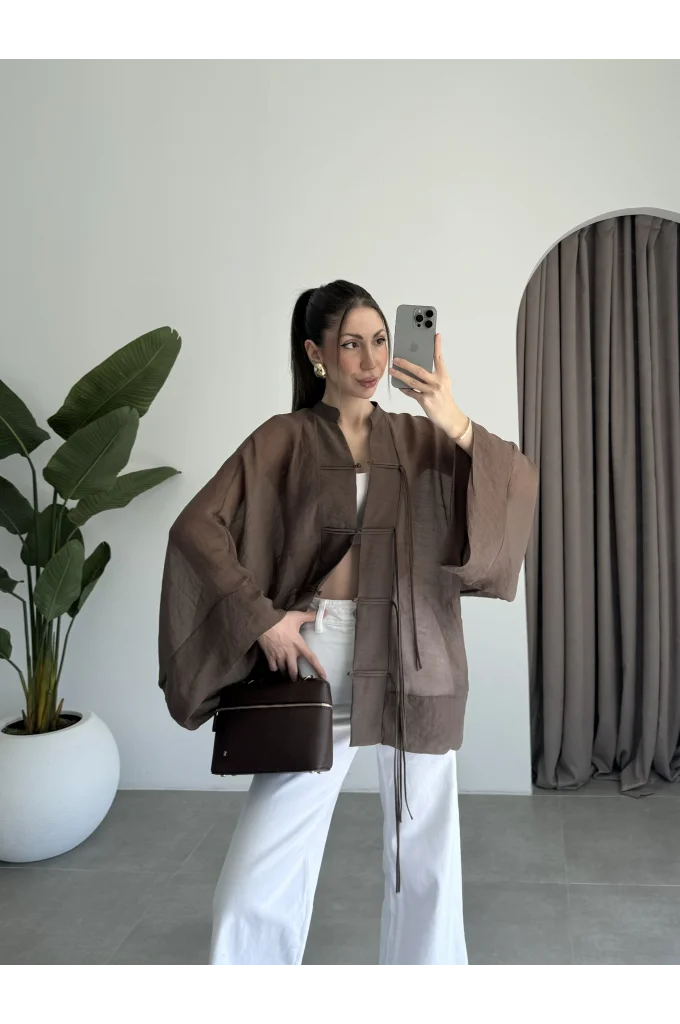 Çin Düğmeli Kahve Gömlek Kimono