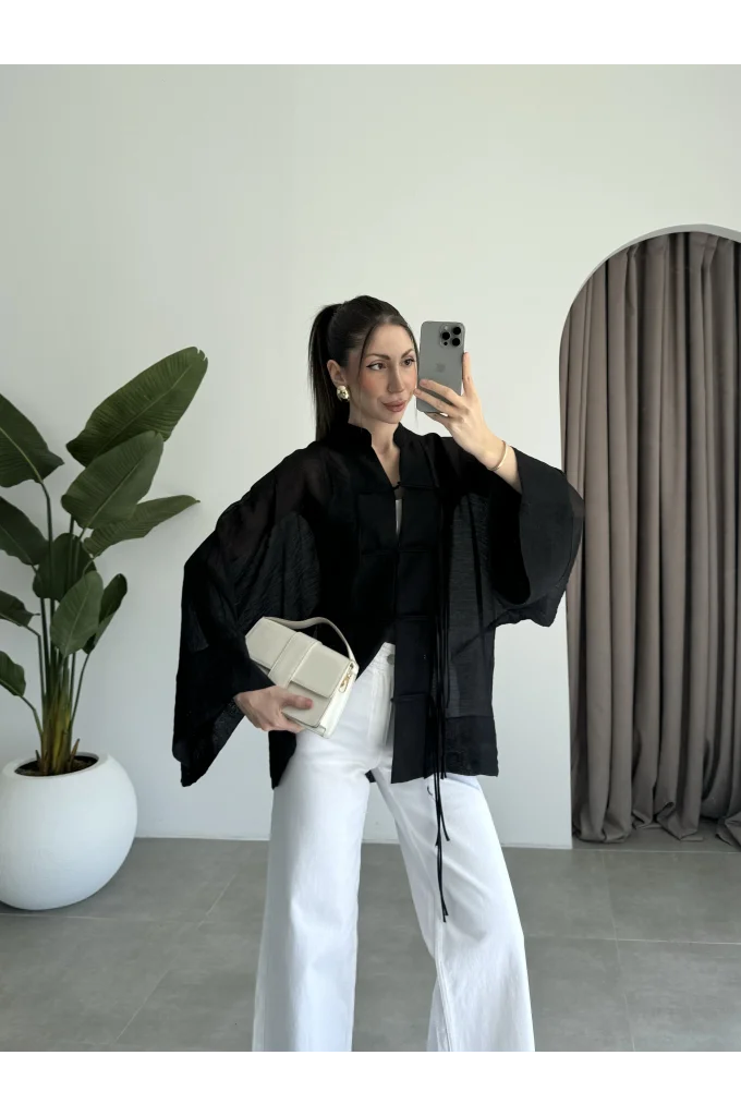 Çin Düğmeli Siyah Gömlek Kimono