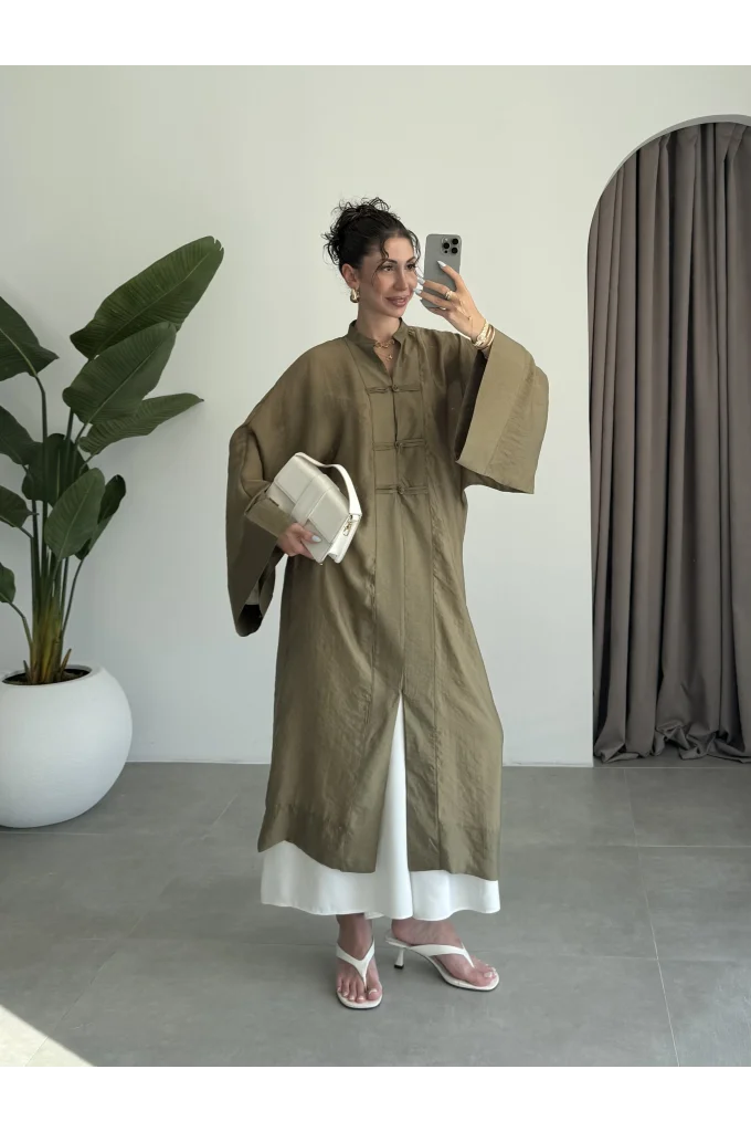Çin Düğmeli Tensel Maxi Boy Haki Kimono