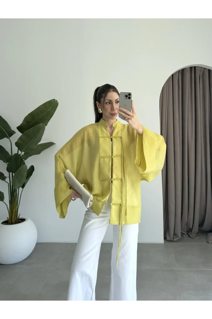 Çin Düğmeli Yağ Yeşili Gömlek Kimono
