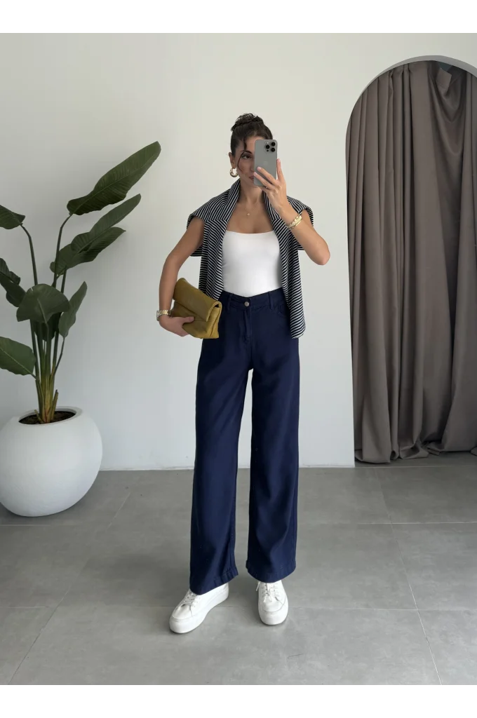 Culotte Bilek Boy Kemerli Tensel Lacivert Pantolon