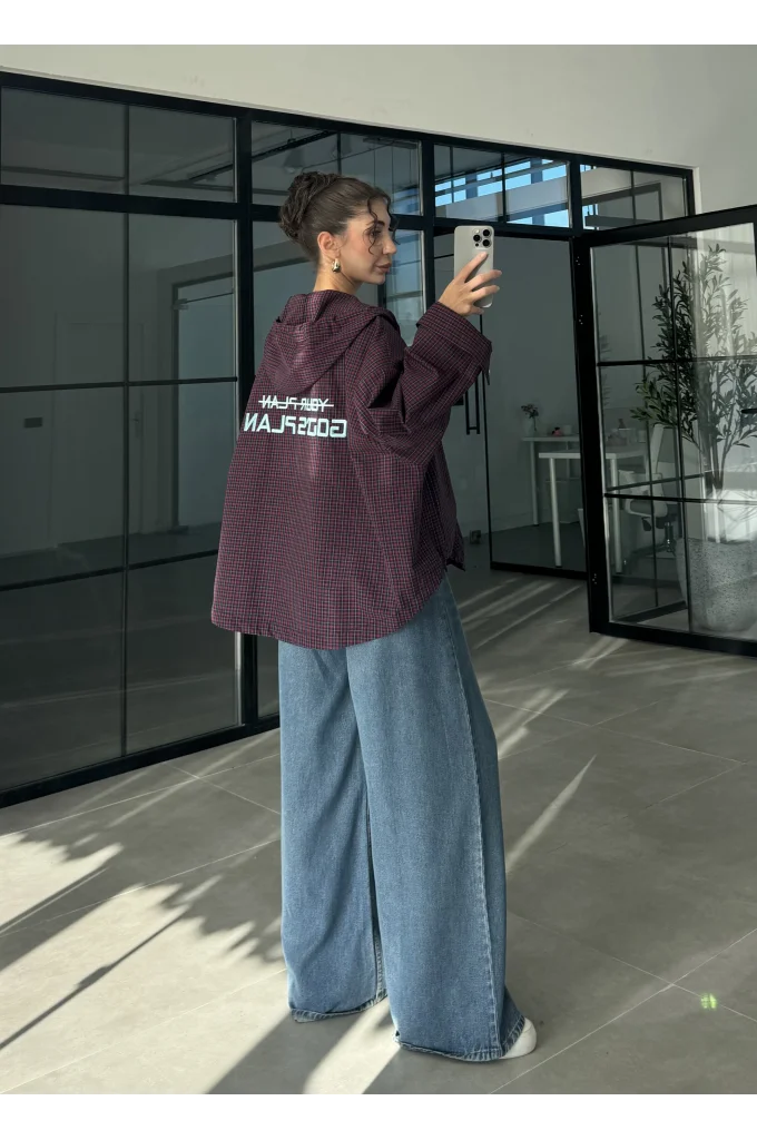 Ekose Bordo Sırtı Nakışlı Oversize Ceket