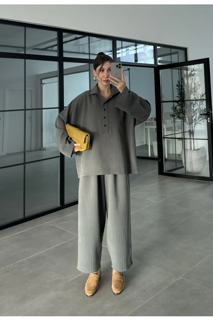 Era Oversize Çizgili Antrasit Gömlek Takım