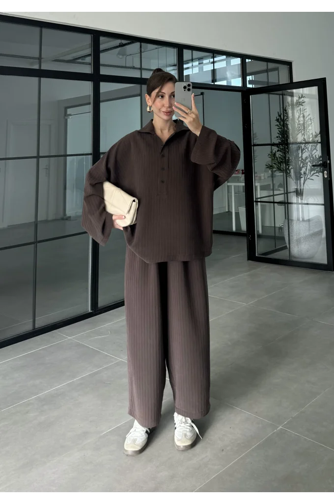 Era Oversize Çizgili Kahve Gömlek Takım