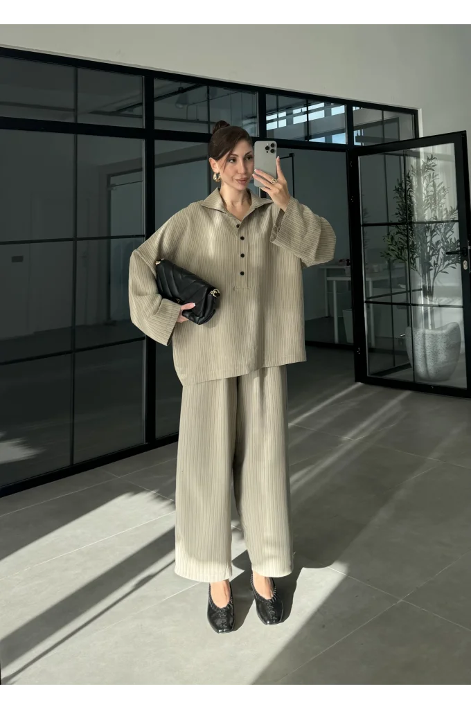 Era Oversize Çizgili Vizon Gömlek Takım