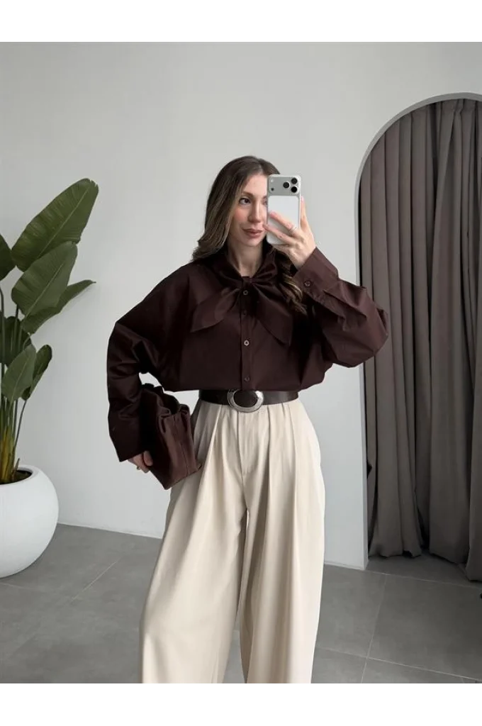 Fiyonklu Tasarım Poplin Kahve Poplin Gömlek