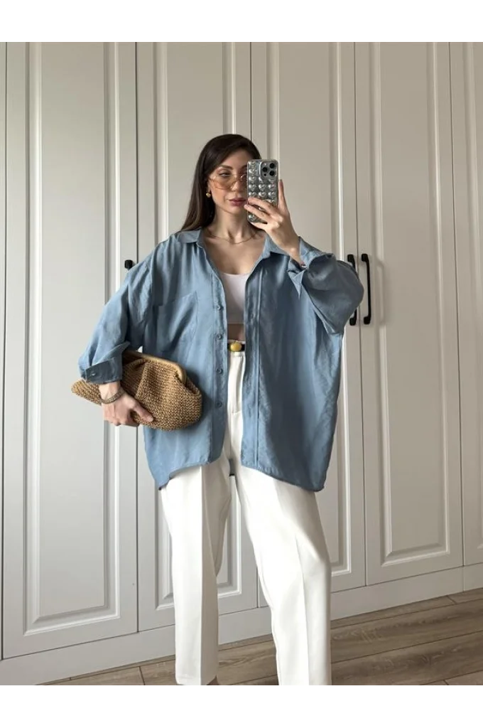 İndigo Oversize Tensel Gömlek