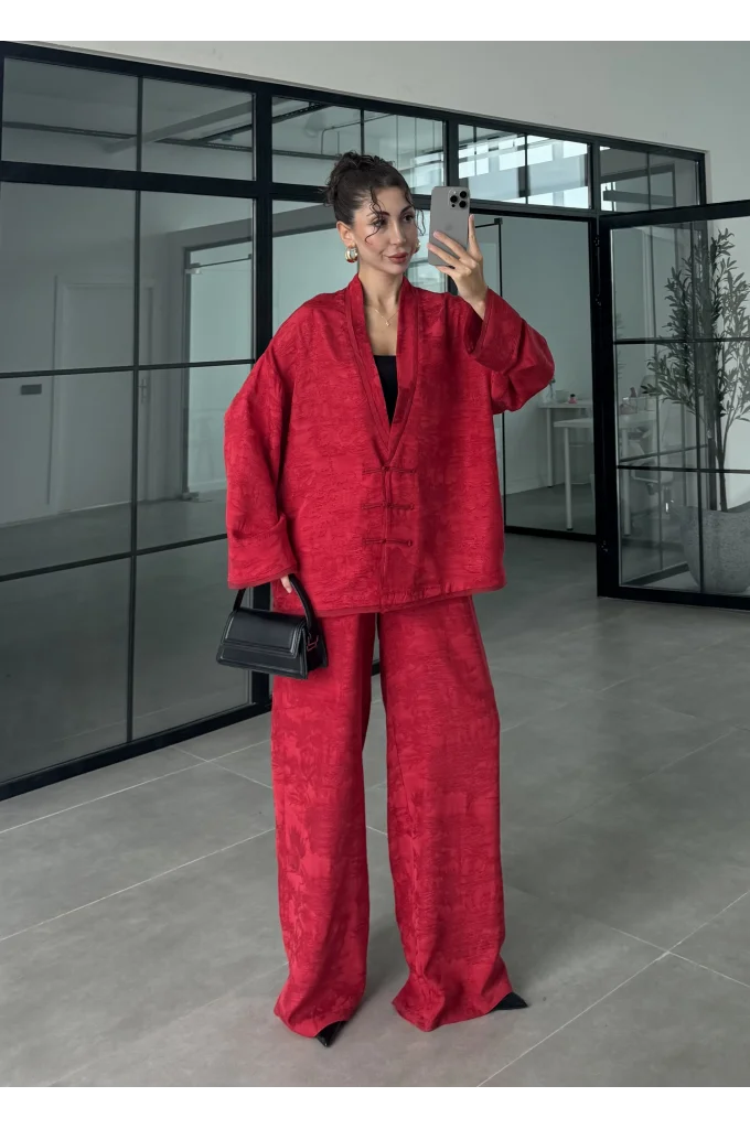 Jakarlı Kırmızı Kimono Takım