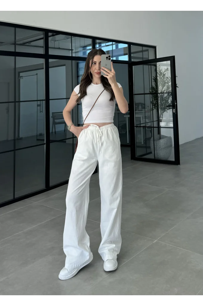 Keten Beli Lastikli Ekru Pantolon