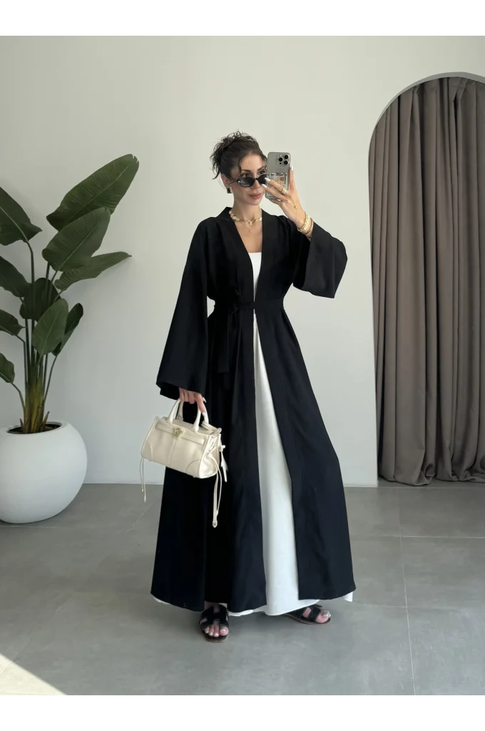 Kuşaklı Tam Boy Siyah Kimono