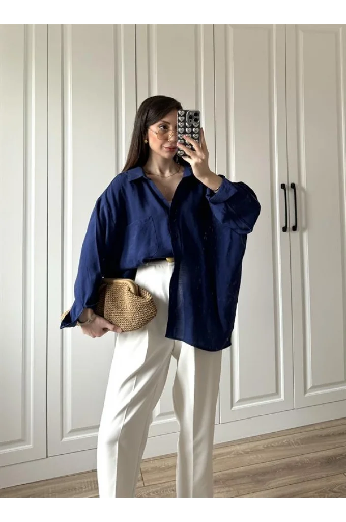 Lacivert Oversize Tensel Gömlek