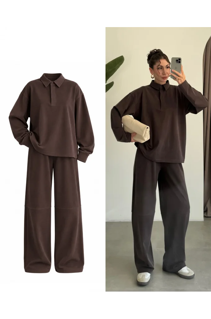 Modal Kumaş Polo Yaka Kahve Takım