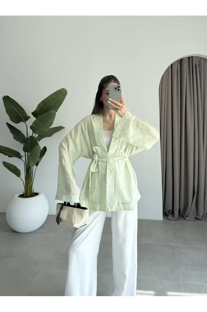 Nakış Baskılı Kuşaklı Adaçayı Kimono