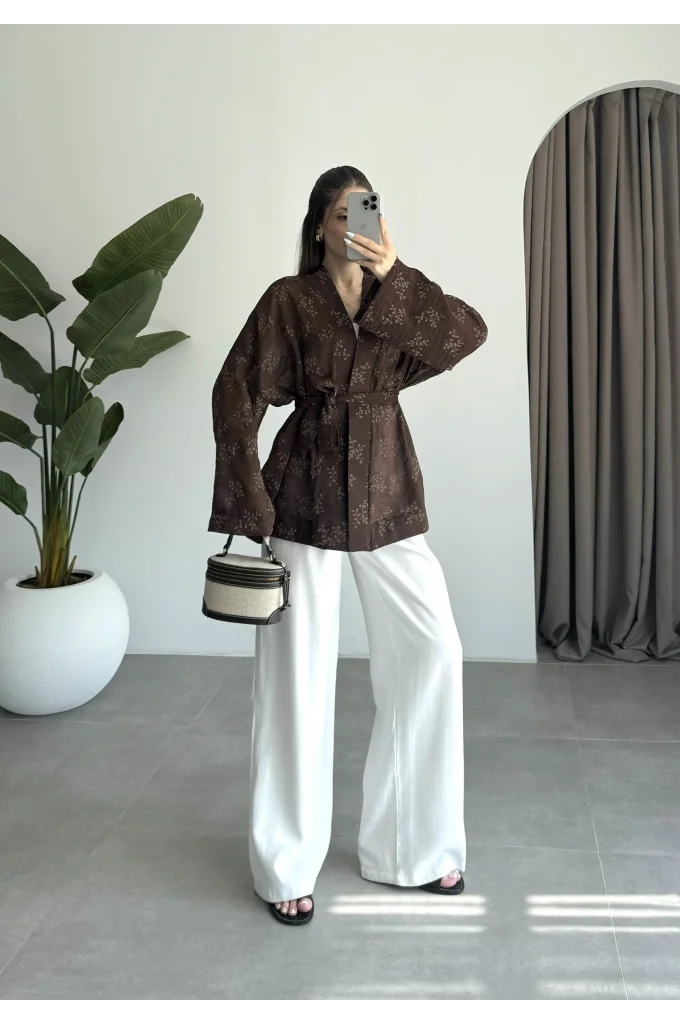 Nakış Baskılı Kuşaklı Kahve Kimono