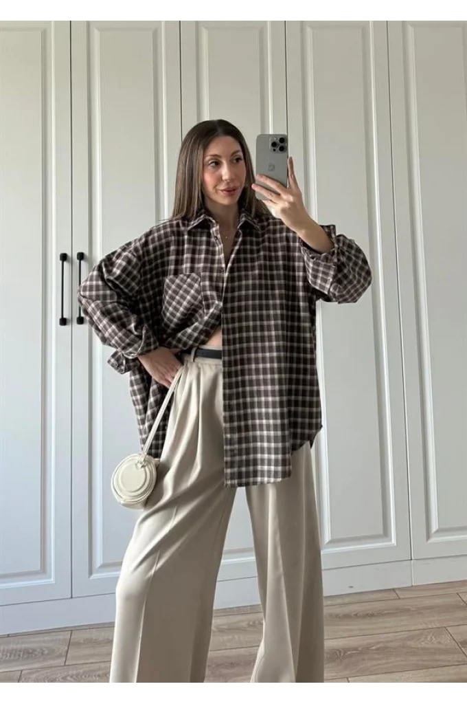 Noble Oversize Acı Kahve Kare Ekose Gömlek