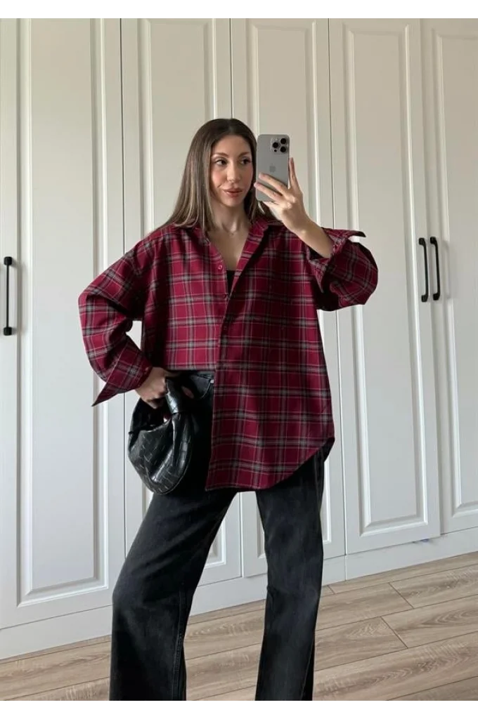 Noble Oversize Bordo Ekose Gömlek