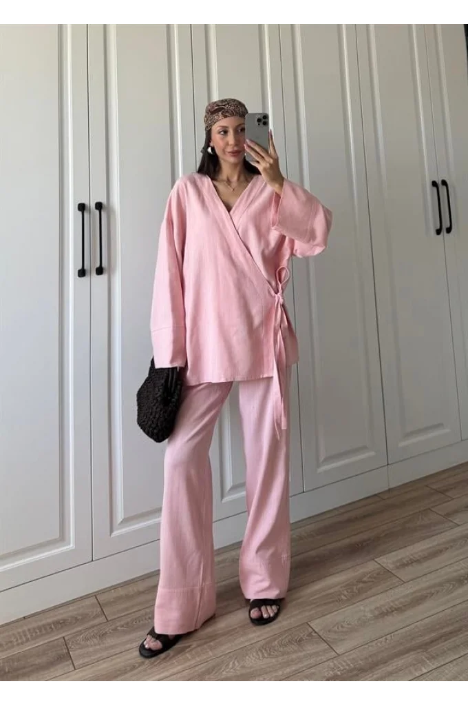 Nuba Yandan Bağlamalı Pembe Keten Takım