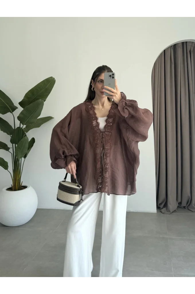 Pera Dantelli Koyu Kahve Kimono Gömlek