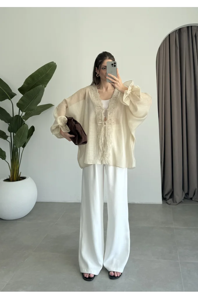 Pera Dantelli Taş Kimono Gömlek