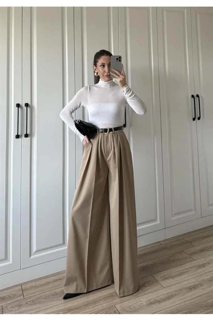 Pilili Palazzo Kemerli Camel Pantolon