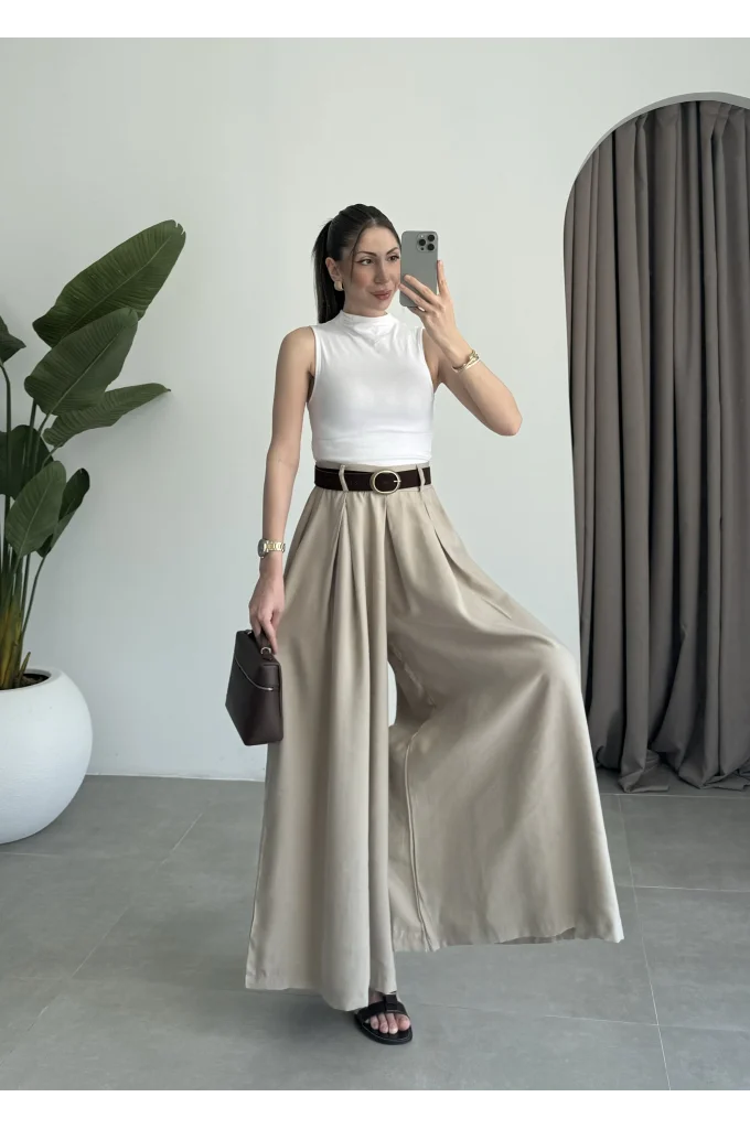 Premium Tensel Kemerli Bej Etek Pantolon