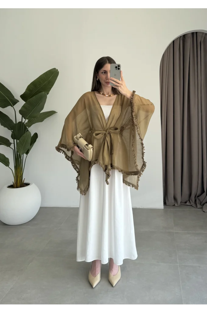 Püsküllü Kuşaklı Olive Kimono
