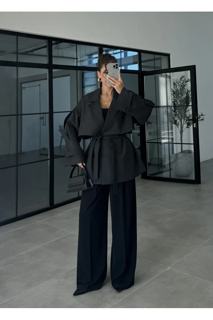 Rose Oversize Kuşaklı Antrasit Trençkot