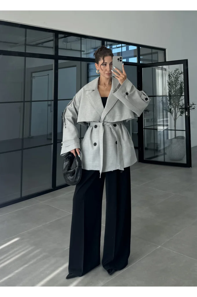 Rose Oversize Kuşaklı Gri Trençkot