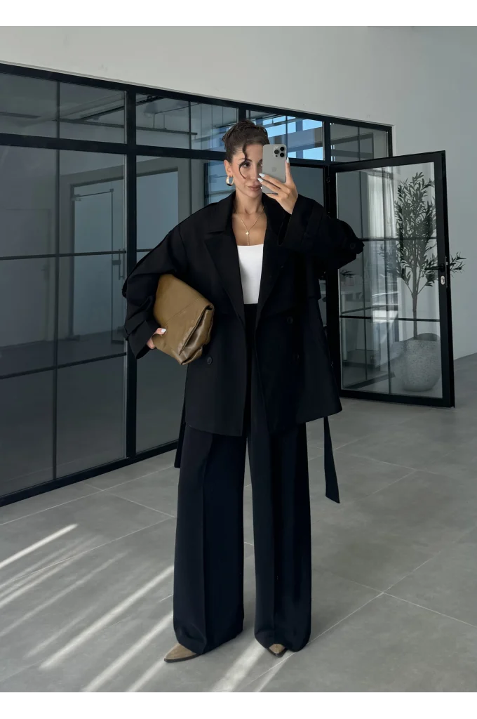 Rose Oversize Kuşaklı Siyah Trençkot