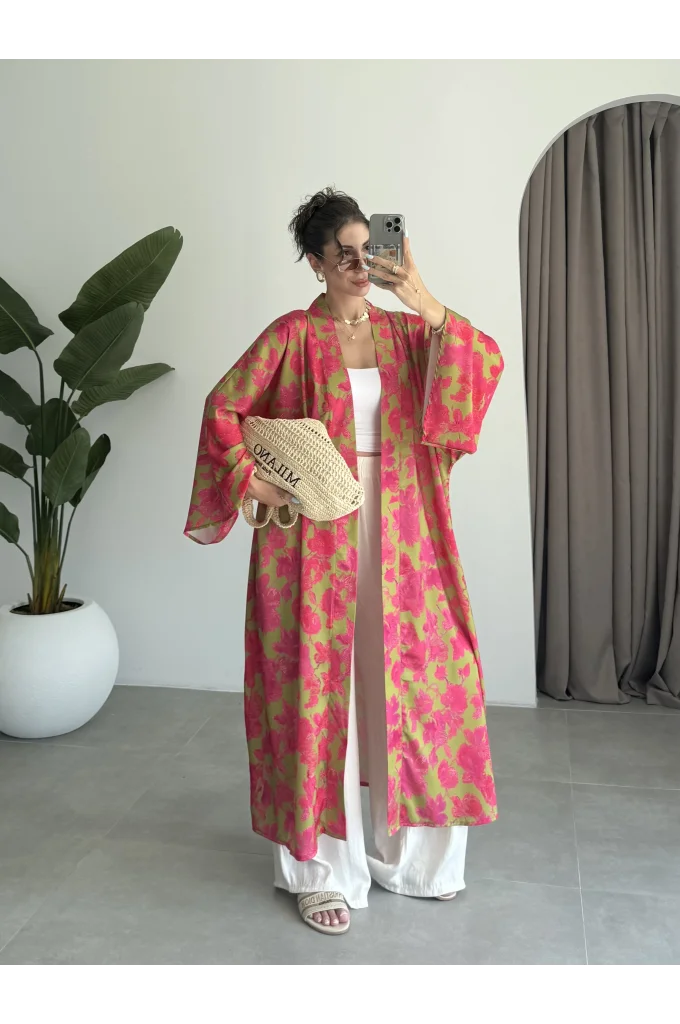 Saten İpek Desenli Pembe Kimono