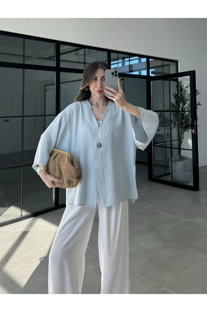 Sofi Tek Düğme Oversize Tensel Bebe Mavi Gömlek