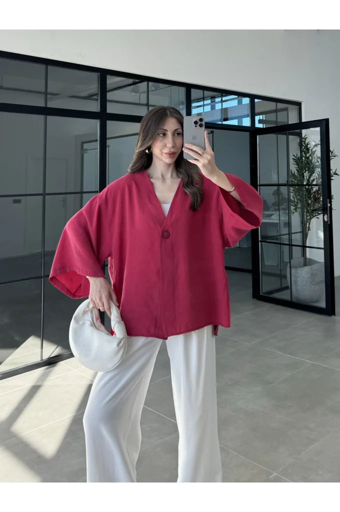 Sofi Tek Düğme Oversize Tensel Kırmızı Gömlek
