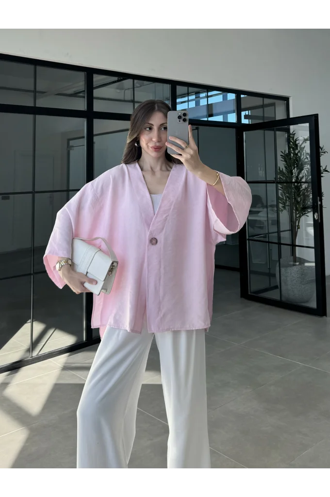 Sofi Tek Düğme Oversize Tensel Pembe Gömlek