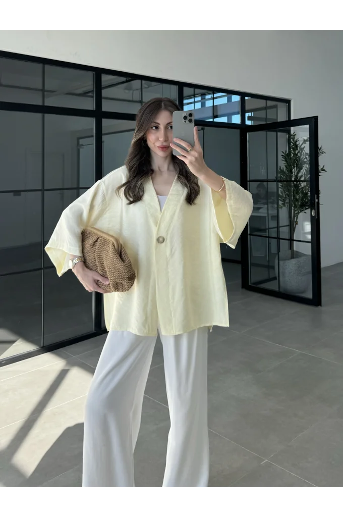 Sofi Tek Düğme Oversize Tensel Sarı Gömlek