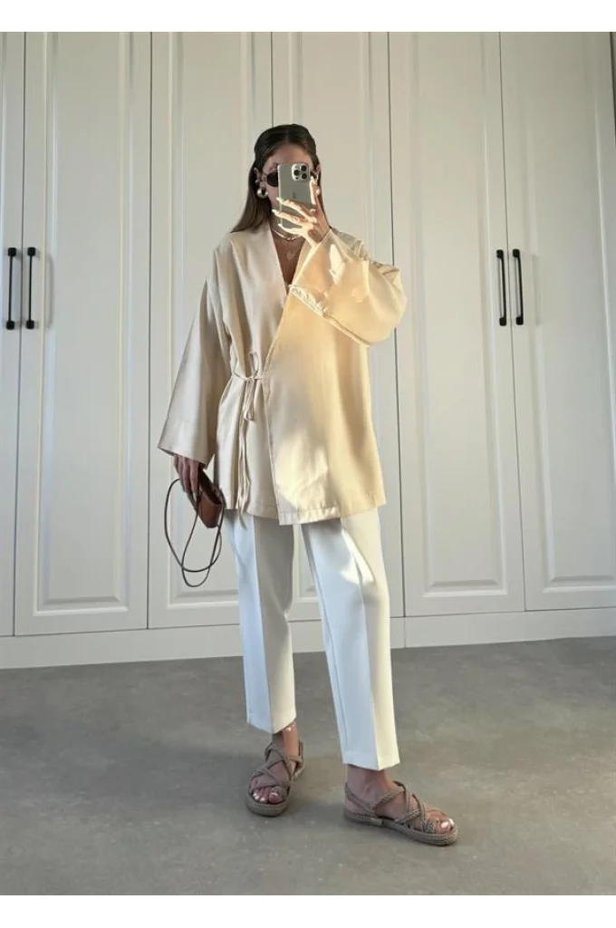 Taş Yandan Bağlamalı Tensel Kimono Ceket