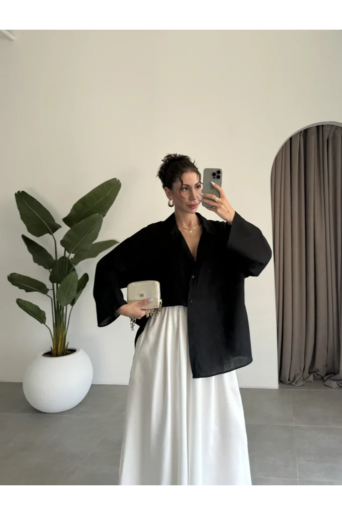 Tek Cepli Keten Oversize Siyah Gömlek