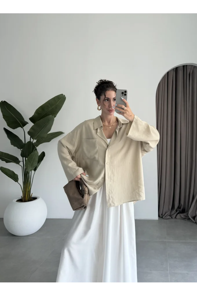 Tek Cepli Keten Oversize Taş Gömlek
