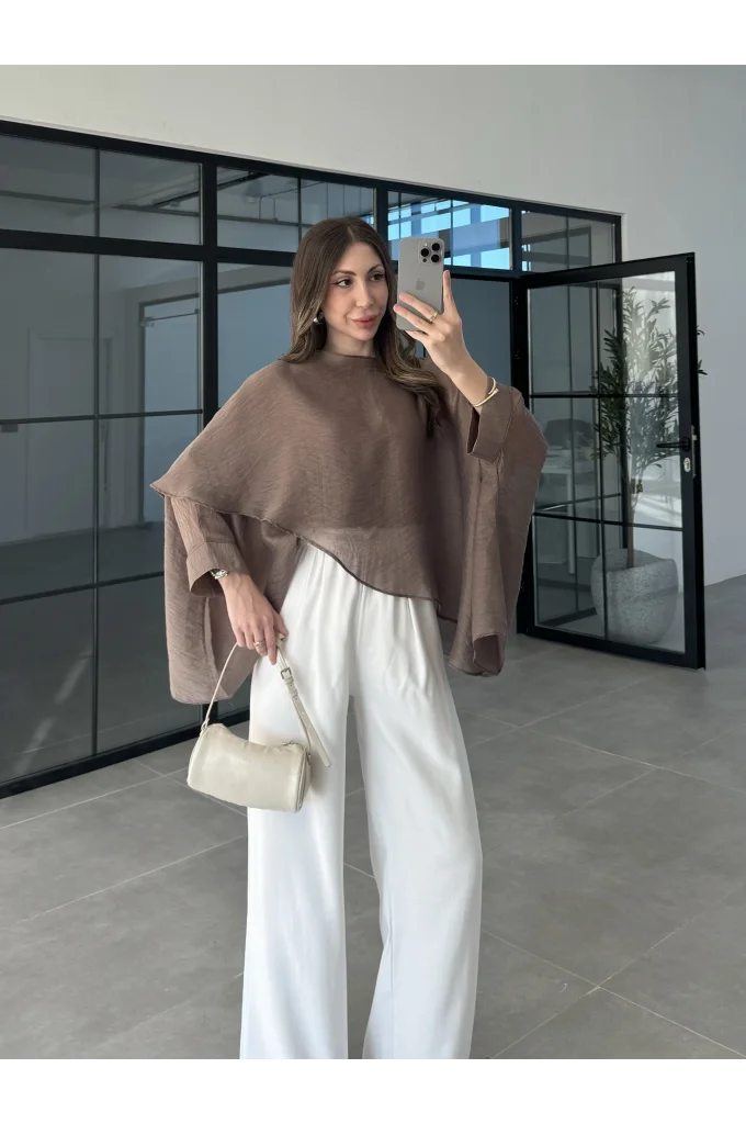 Uçuşan Pelerin Bronz Tül Bluz