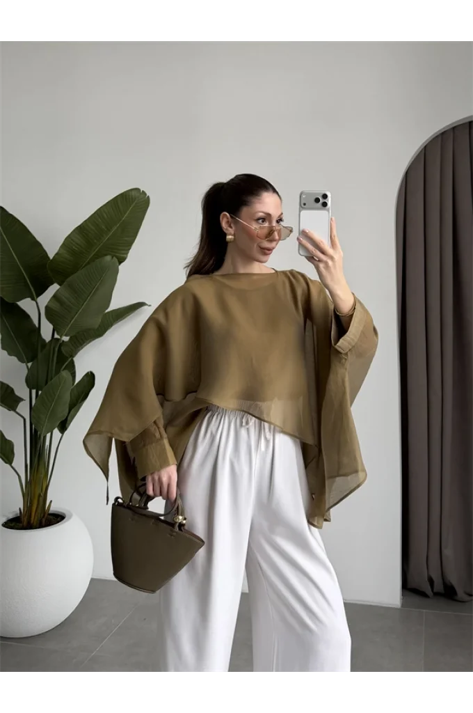 Uçuşan Pelerin Olive Tül Bluz