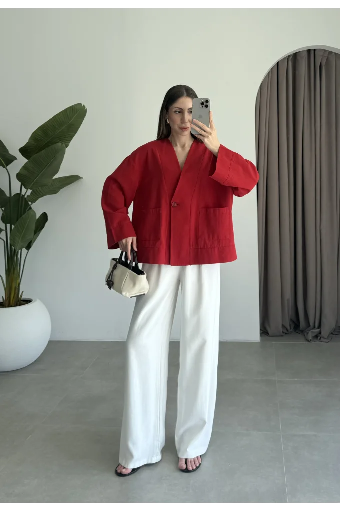 V Yaka Tek Düğme Keten Kırmızı Kimono Ceket