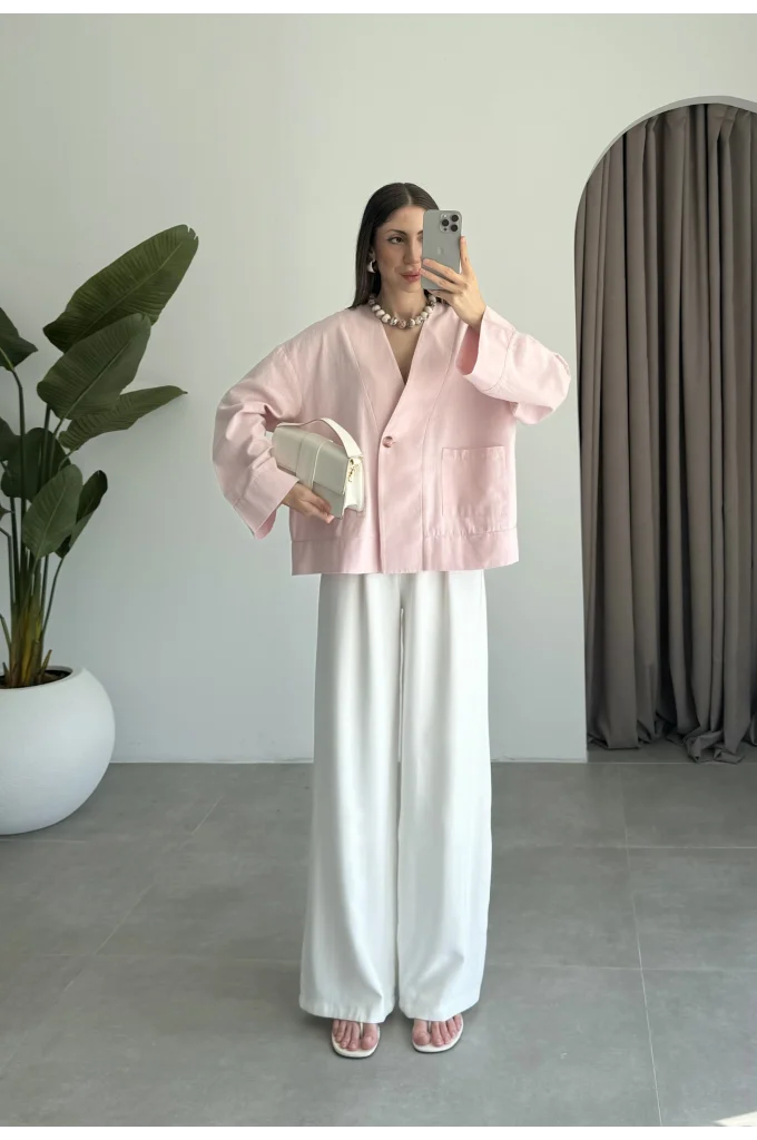 V Yaka Tek Düğme Keten Pembe Kimono Ceket