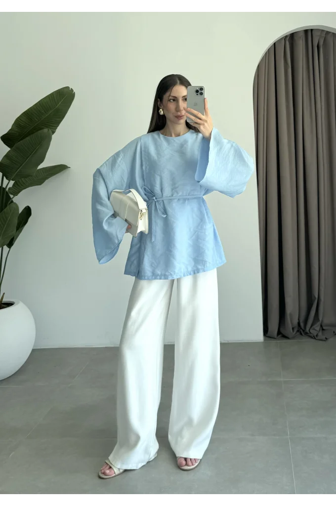 Yırtmaçlı Kuşaklı Tensel Bebe Mavi Tunik