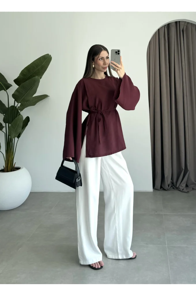 Yırtmaçlı Kuşaklı Tensel Bordo Tunik