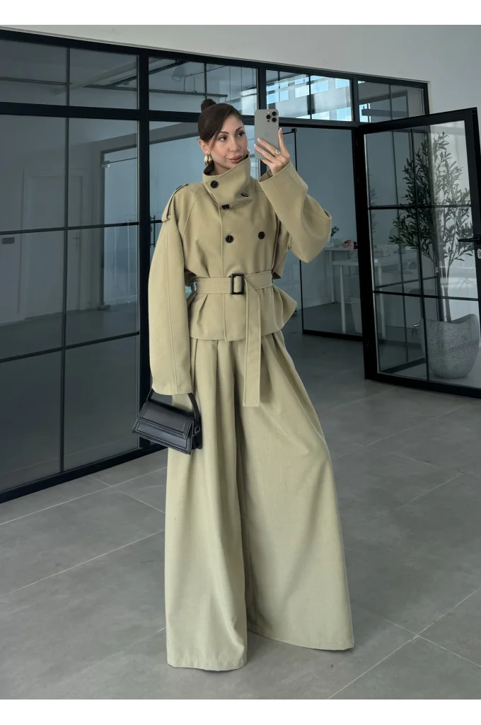 Yüksek Yaka Premium Haki Trenç Takım