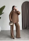 Keten Oversize Camel Gömlek Takım